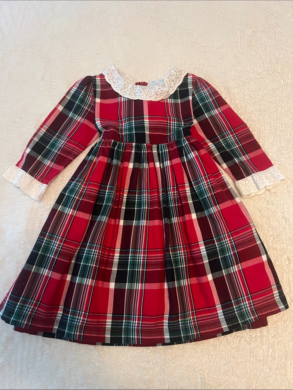 Children's Red & Green Plaid Holiday Dress with Lace Collar